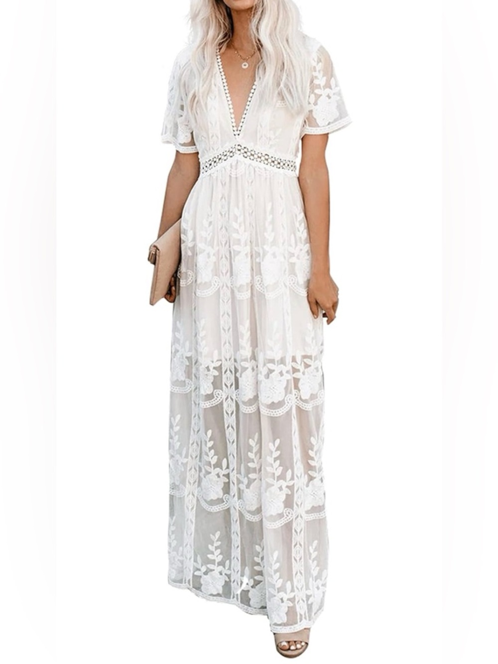 NWOT Deep V Neck Short Sleeve Floral Lace Dress Long Bridal Shower Maxi Dresses - Picture 2 of 15
